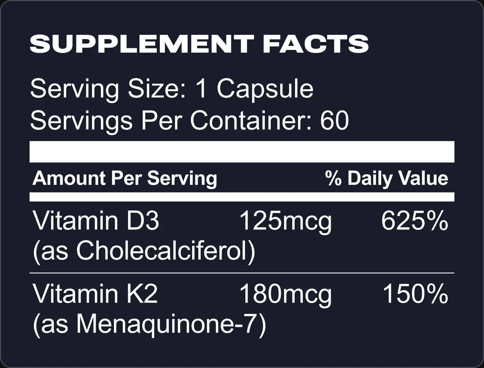 Vitamin D3 + K2 Supplement Facts